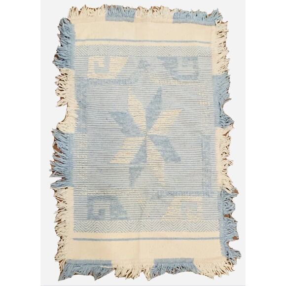 Hand Made Rug Blue White 55"x 34" Star Throw Chenille Woven Southwest Style Rect - Picture 1 of 8